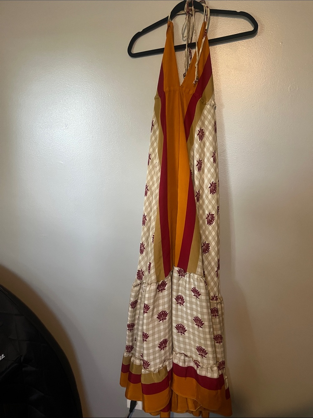 Boho Maxi Halter Dress in Mustard and Burgundy